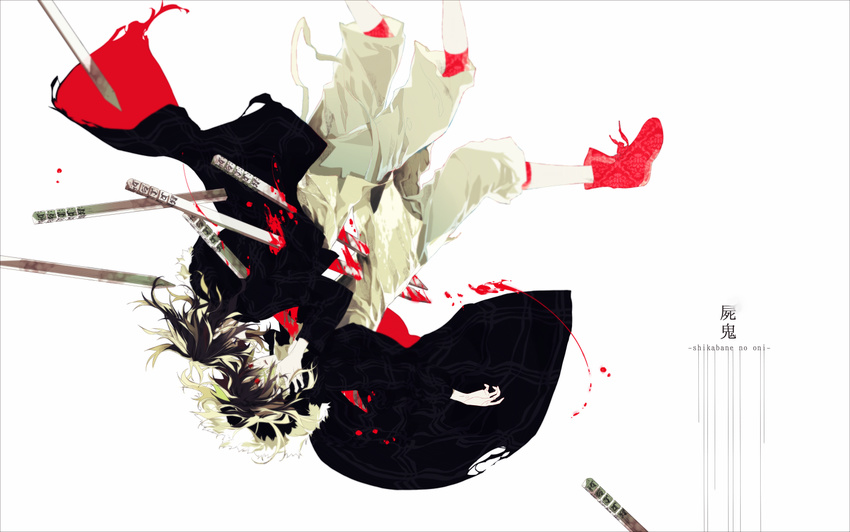 bad_id bad_pixiv_id black_hair bleeding blood boots coat dual_persona eye_contact falling fur_trim hands_on_another's_face injury koide_natsuno looking_at_another male_focus molatoliamu multiple_boys red_eyes shiki simple_background sotoba torn_clothes white_background