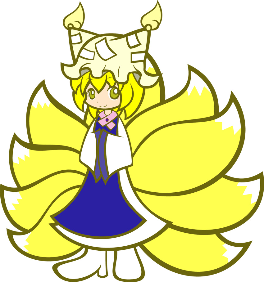 blonde_hair chibi flat_color fox_tail full_body hands_in_opposite_sleeves hat highres long_sleeves md5_mismatch multiple_tails parody pillow_hat puyopuyo puyopuyo_fever shoes short_hair smile solo standing style_parody surcoat tail tassel touhou transparent_background wide_sleeves y&amp;k yakumo_ran yellow_eyes