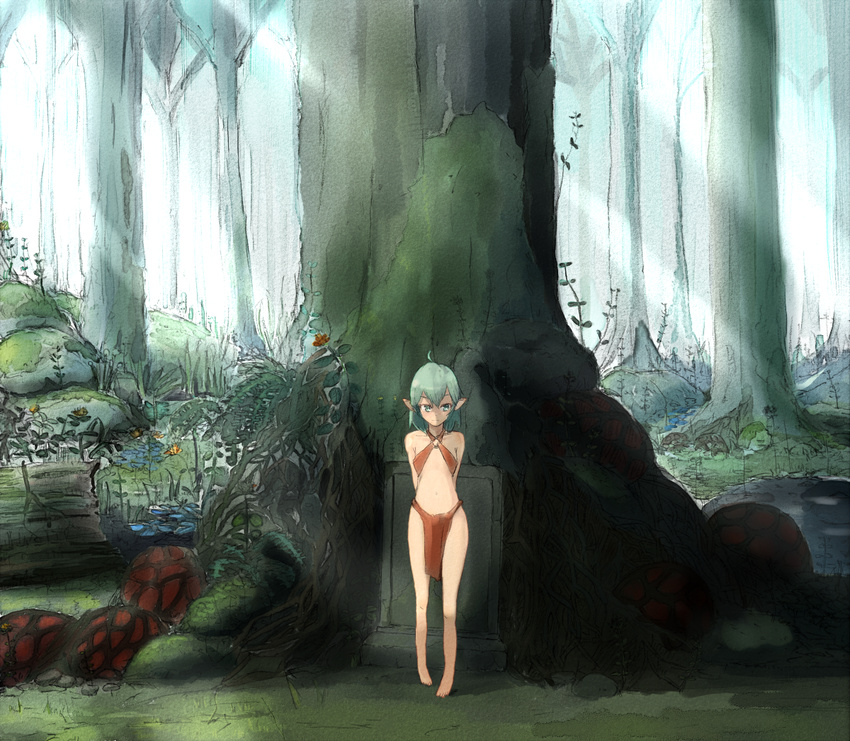 aqua_eyes aqua_hair arms_behind_back barefoot forest legs loincloth nature original plant pointy_ears short_hair solo sunlight yammy_(cellblo)