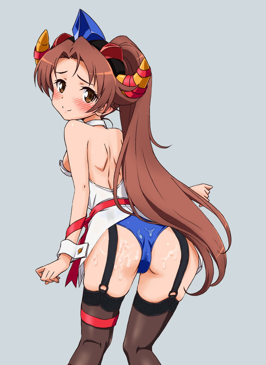 ass bad_id bad_pixiv_id bare_shoulders brown_hair cum cum_on_ass cum_on_body cum_on_clothes cum_on_lower_body gai-chan gaiking garter_straps highres horns long_hair looking_at_viewer looking_back panties ponytail robot_girls_z smile thigh_strap thighhighs underwear wet wet_clothes wet_panties zouni_(xavier)