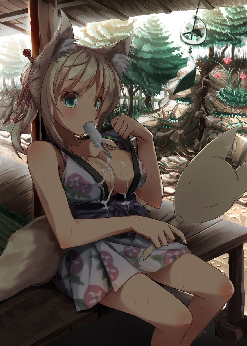 animal_ears blonde_hair blush breasts dog_days fang food fox_ears fox_tail green_eyes highres ice_cream japanese_clothes large_breasts ponytail popsicle re:n_ne sexually_suggestive solo sweat tail yukikaze_panettone