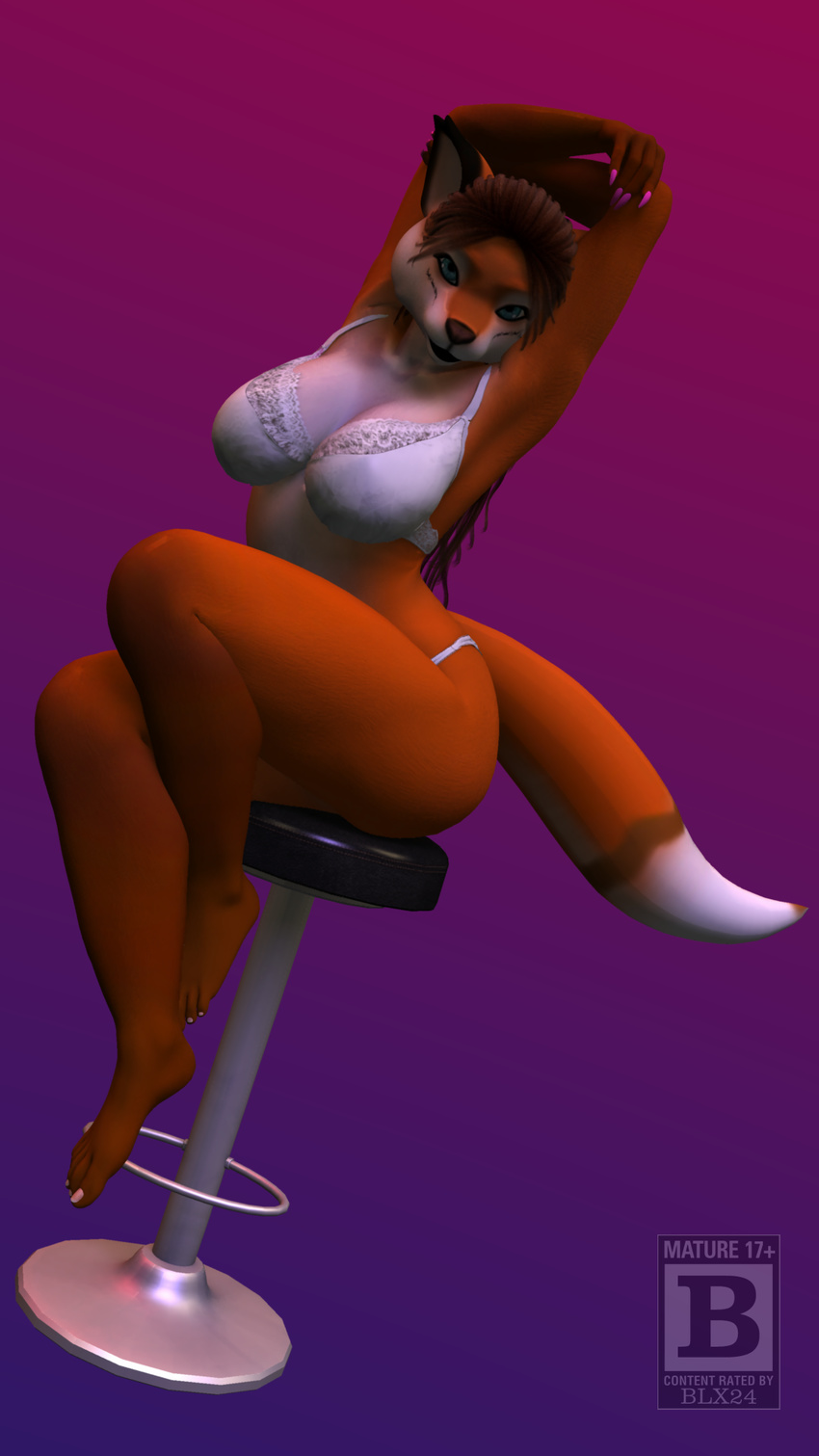 2015 anthro arms_above_head big_breasts blx24 bra breasts brown_hair brown_nose canine cleavage clothed clothing fox fur green_eyes hair hi_res hindpaw long_hair looking_at_viewer mammal nails orange_fur panties paws sitting thick_thighs underwear white_fur