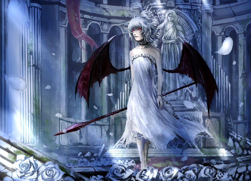altar alternate_costume arch bare_legs bare_shoulders bat_wings belt blue_hair broken broken_chain chain chama_(painter) choker church collarbone cuffs dress flower handcuffs light light_rays looking_up messy_hair night nose older petals pillar red_eyes remilia_scarlet rose rose_petals ruins solo spear_the_gungnir standing statue strapless strapless_dress torn_clothes touhou white_dress white_flower white_rose wind wings