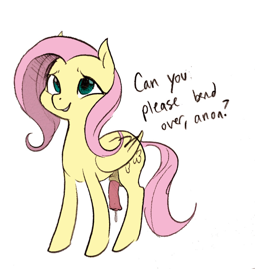 english_text equine fluttershy_(mlp) friendship_is_magic glacierclear hair mammal my_little_pony pegasus penis pink_hair precum smile text wings