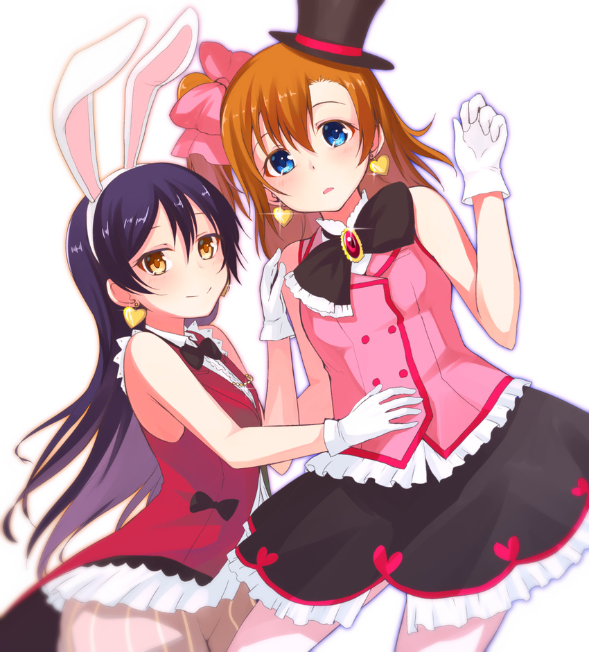 animal_ears bare_shoulders black_skirt blue_eyes blush bow bunny_ears earrings gloves hair_bow hat heart heart_earrings highres jewelry korekara_no_someday kousaka_honoka long_hair looking_at_viewer love_live! love_live!_school_idol_project multiple_girls nanotsuki one_side_up purple_hair short_hair simple_background skirt sleeveless smile sonoda_umi white_background white_gloves yellow_eyes