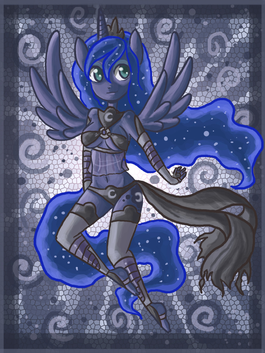 2013 anthro anthrofied armwear blue_fur blue_hair blue_skin breasts clothed clothing cutie_mark equine female friendship_is_magic fur green_eyes hair hi_res horn horse legwear mammal my_little_pony pony princess_luna_(mlp) raptor007 skimpy solo winged_unicorn wings