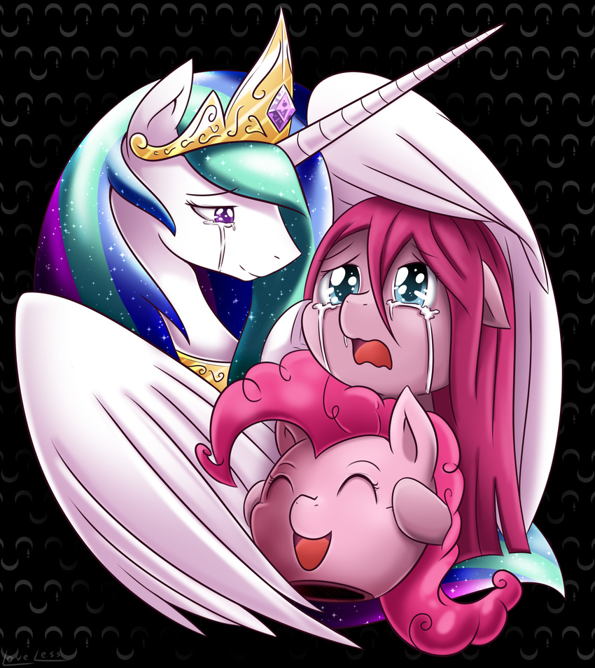 2015 crying earth_pony equine female feral friendship_is_magic horn horse mammal my_little_pony pinkamena_(mlp) pinkie_pie_(mlp) pony princess_celestia_(mlp) sad smile tears vavacung winged_unicorn wings