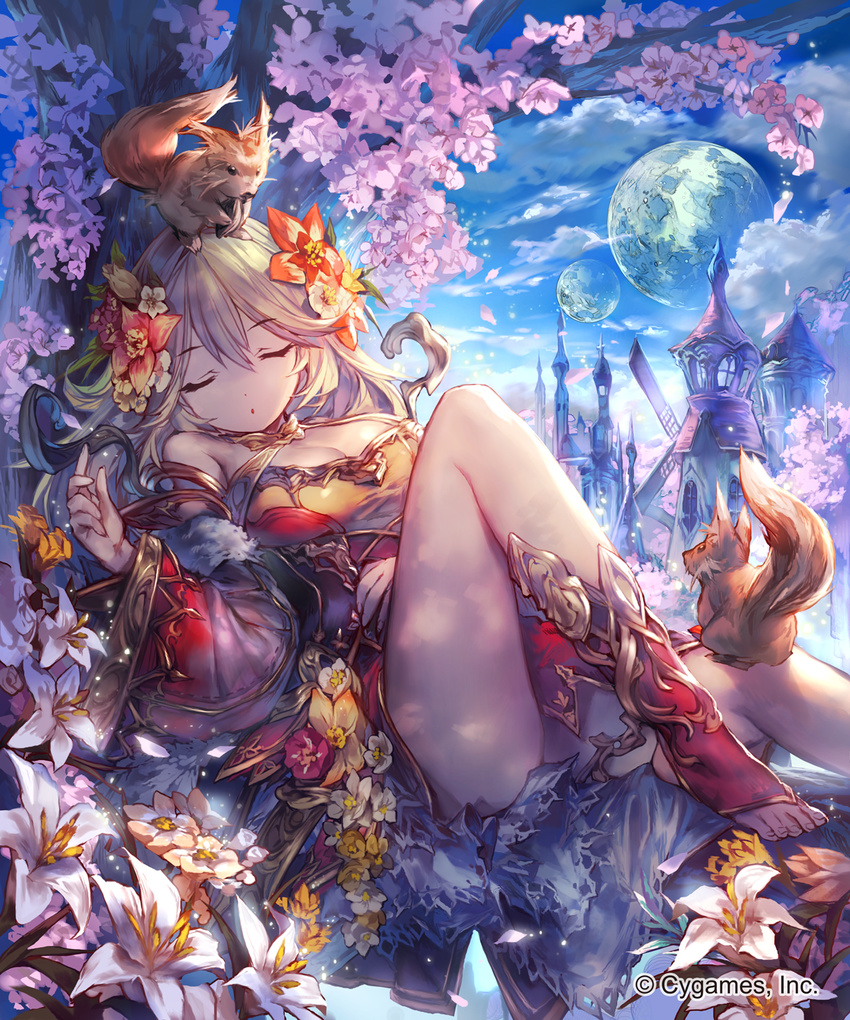 :o animal bare_shoulders boots brown_hair building cherry_blossoms cleavage_cutout cloud copyright_name cygames detached_sleeves dress fantasy flower hair_flower hair_ornament highres lee_hyeseung light_particles long_hair moon plumeria_(shingeki_no_bahamut) shingeki_no_bahamut sky sleeping solo squirrel tower tree windmill