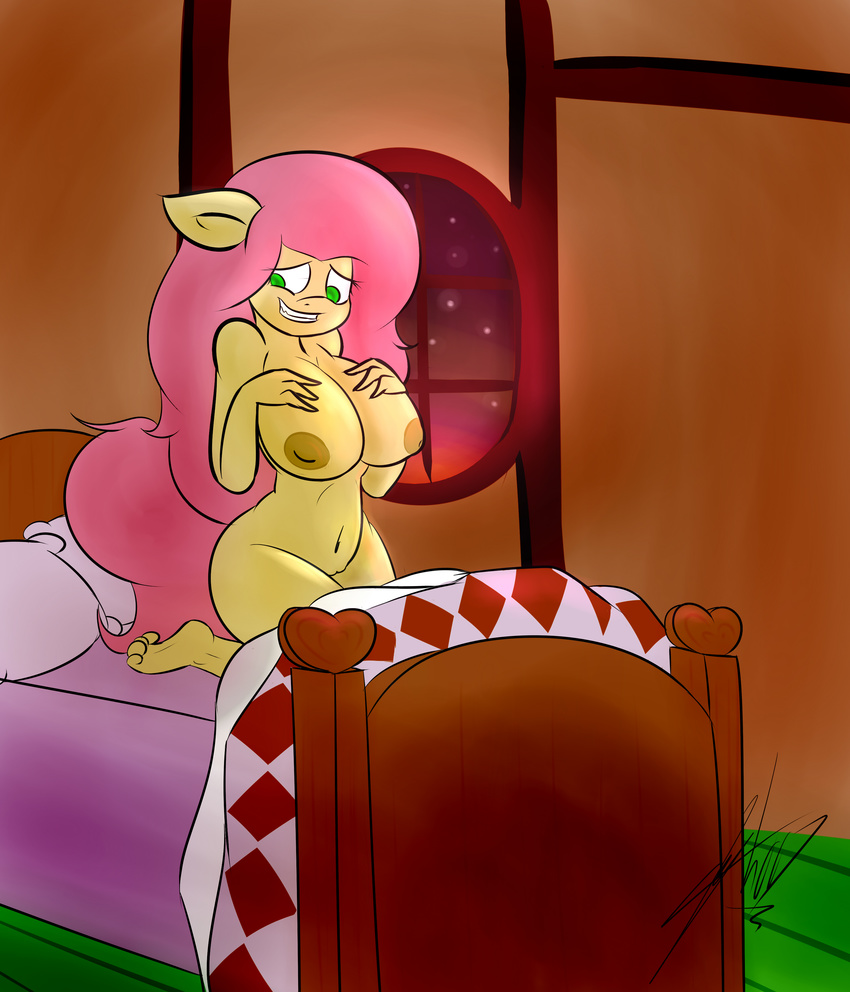 anthro anthrofied areola bed big_breasts breasts embarrassed equine fluttershy_(mlp) friendship_is_magic fur hair half-closed_eyes honas007 horse inside mammal my_little_pony nipples nude pink_hair pony pussy smile teeth yellow_fur