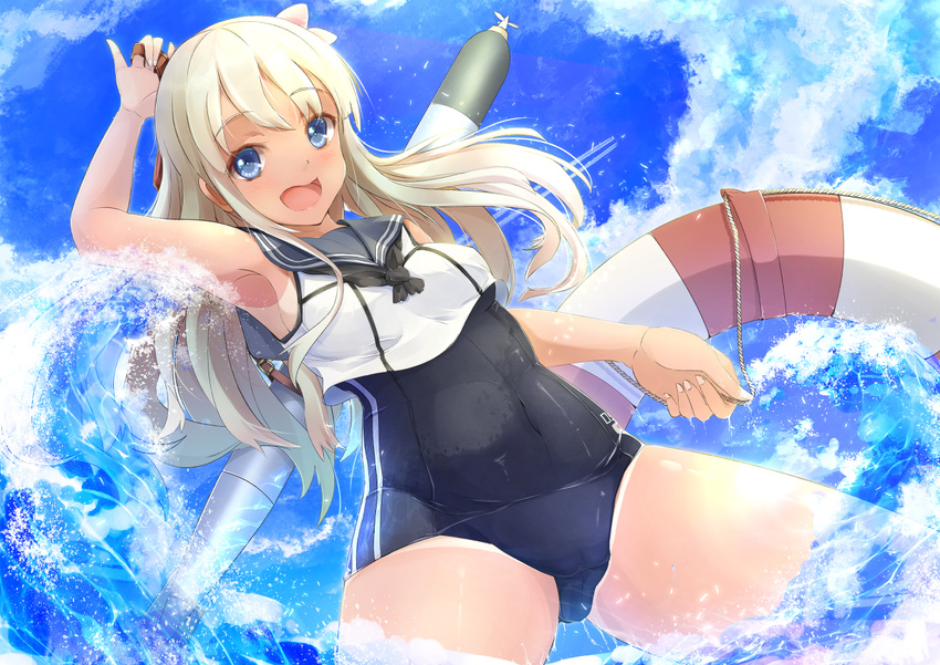 blonde_hair blue_eyes flower hair_flower hair_ornament kantai_collection koroneko_p0w0q lifebuoy long_hair one-piece_swimsuit ro-500_(kantai_collection) school_swimsuit smile solo swimsuit tan torpedo