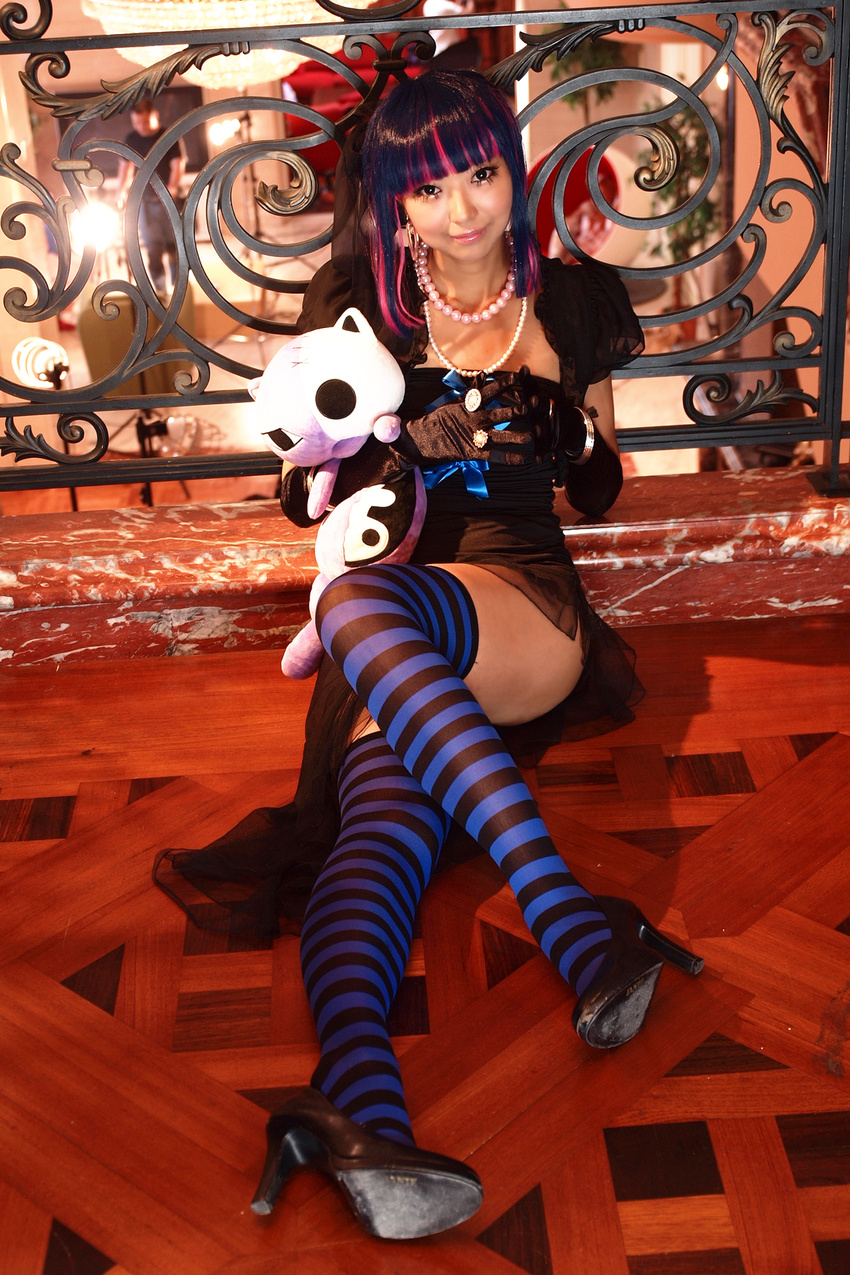 asian cosplay dress gloves high_heels multicolored_hair panty_&amp;_stocking_with_garterbelt photo ribbon stocking_(psg) stocking_(psg)_(cosplay) striped_legwear stuffed_toy thighhighs