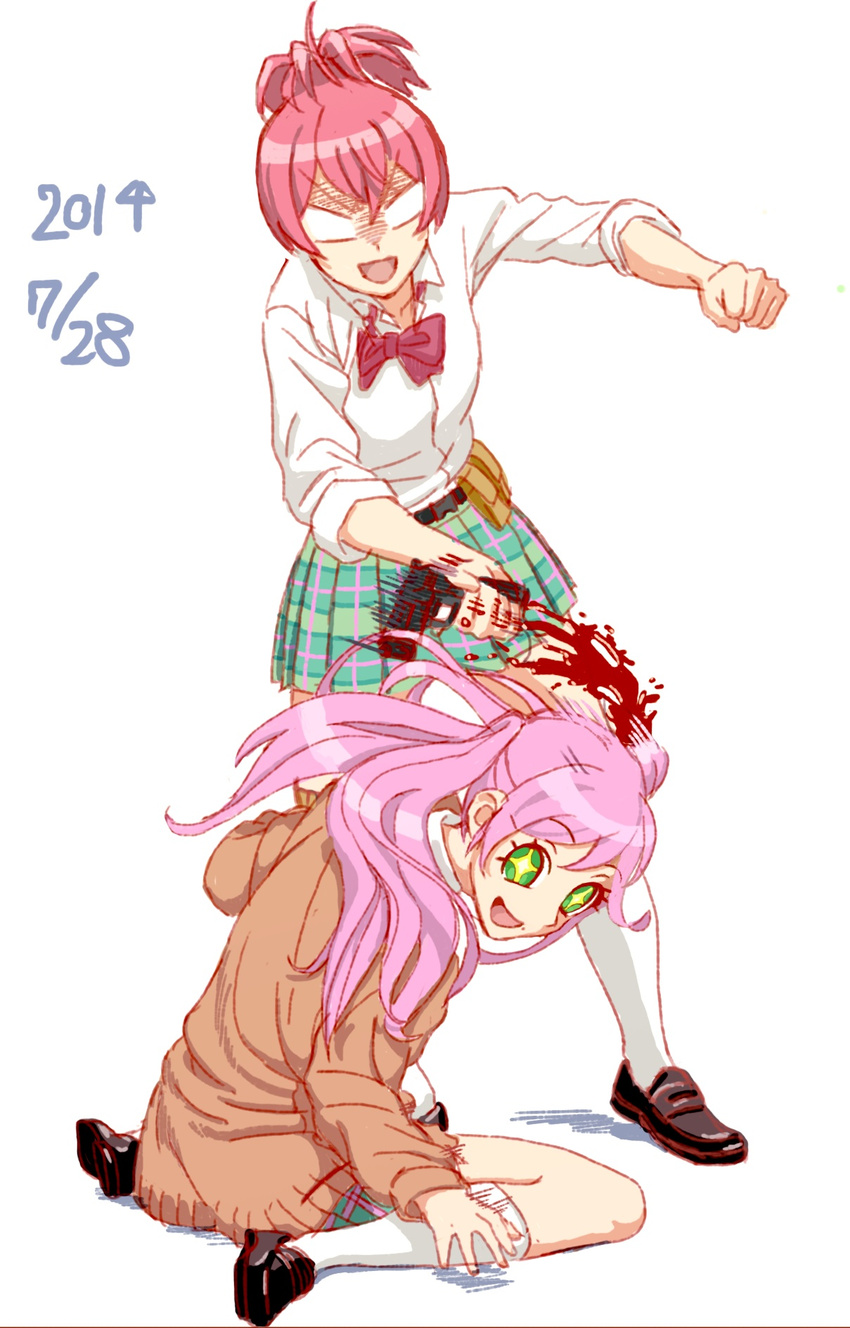 2girls :d bad_id bad_pixiv_id blood commentary_request dress_shirt gun highres kasugano_urara_(sabagebu!) kneehighs loafers masochism mole mole_under_mouth multiple_girls no_pupils open_mouth pink_hair pistol-whipping plaid plaid_skirt sabagebu! school_uniform shiro_ymko shirt shoes short_hair skirt smile sonokawa_momoka sweater weapon white_legwear