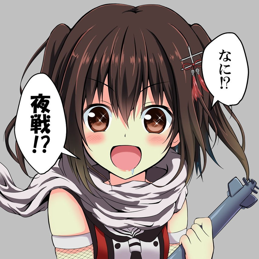 amagami_(makise_tsubaki) bad_id bad_pixiv_id brown_eyes brown_hair double-breasted drooling kantai_collection lipstick makeup night_battle_idiot remodel_(kantai_collection) scarf sendai_(kantai_collection) short_hair smile solo sparkling_eyes torpedo translated