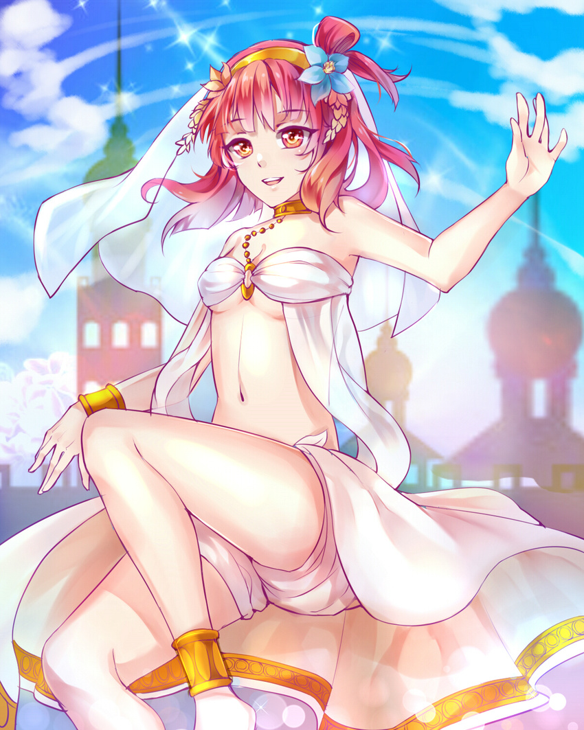 ankle_cuffs anklet bad_id bad_pixiv_id barefoot blurry bokeh dancer dancing depth_of_field dress highres jewelry long_hair magi_the_labyrinth_of_magic morgiana navel o-ring o-ring_top one_side_up qingshui_ai red_eyes red_hair see-through smile solo sparkle