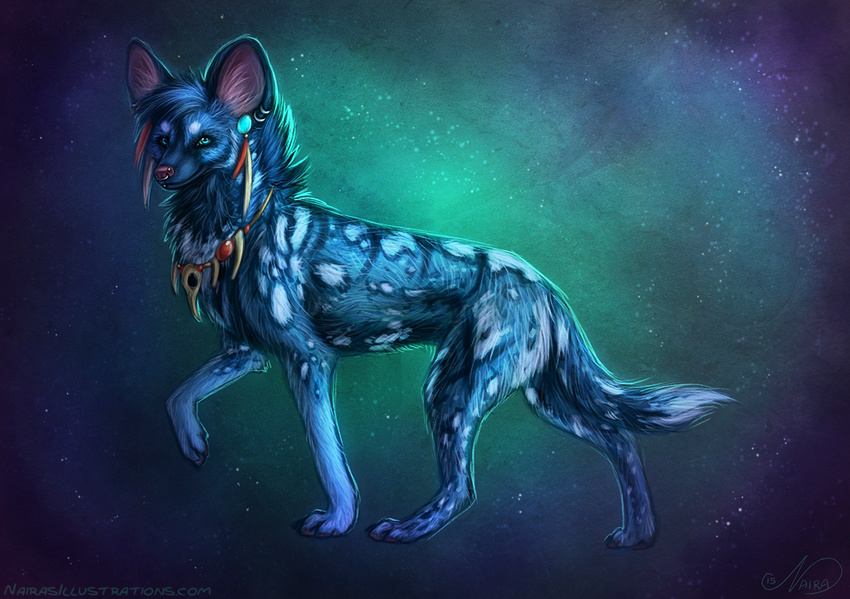 2015 african_wild_dog blue_eyes blue_fur canine cosmos ear_piercing female feral fur hair looking_at_viewer mammal naira piercing red_hair smile solo space spots star tooth_necklace tribal van_(saruki) white_fur