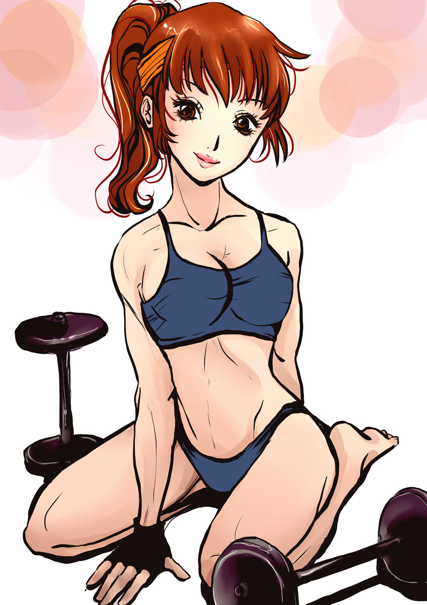barbell barefoot breasts brown_eyes brown_hair cleavage daimon_akiko fingerless_gloves gloves headband highres lips looking_at_viewer nekochuni ponytail seiza sitting smile solo sports_bra taisen_hot_gimmick taisen_hot_gimmick_4ever toned weights