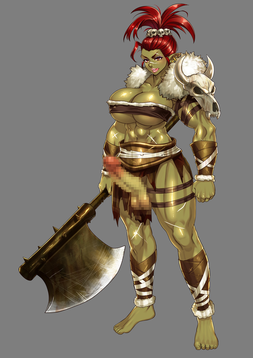 absurdres axe bandeau barefoot breasts censored cleavage earrings erection female_orc full_body fur futanari green_skin highres huge_breasts jewelry lips mosaic_censoring muscle muscular_female naughty_face nbo orc original penis pointy_ears red_hair scar skull solo strapless tongue tongue_out weapon