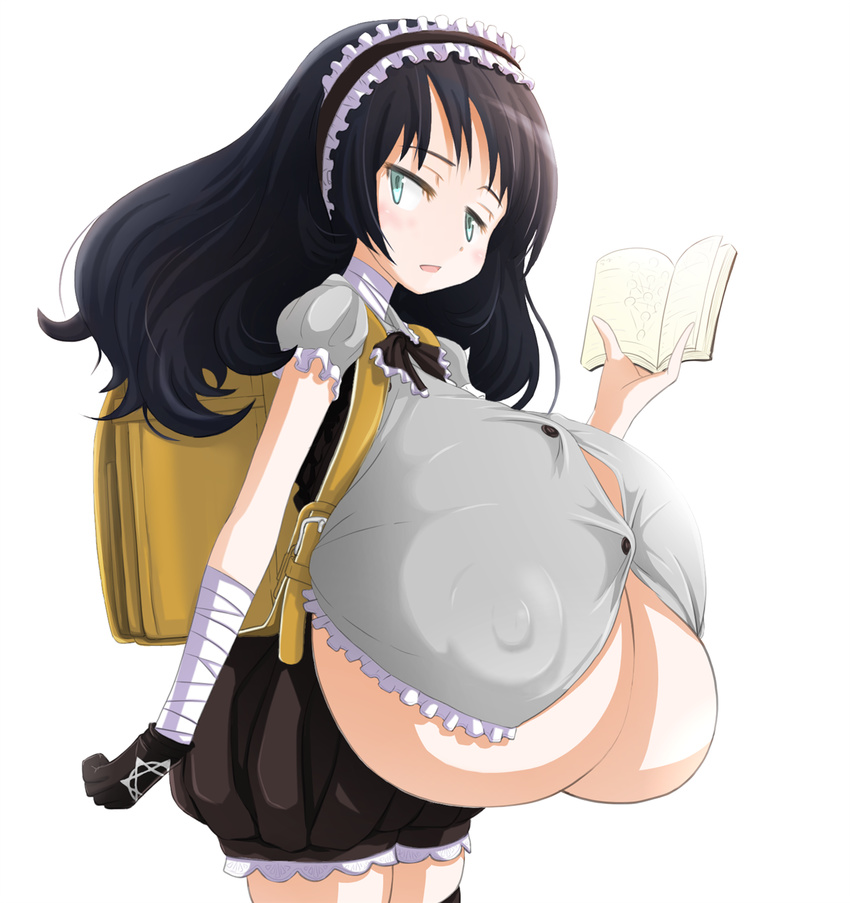 1girl backpack bag black_hair breasts bursting_breasts chestnut_mouth cleavage dress erect_nipples expressionless frilled_dress frilled_sleeves frills gigantic_breasts green_eyes hair_ribbon hairband headband hexagram ido_kibino kibino_ido open_mouth original puffy_nipples reading ribbon shirt short_hair simple_background skindentation solo straining_buttons taut_shirt underboob undersized_clothes