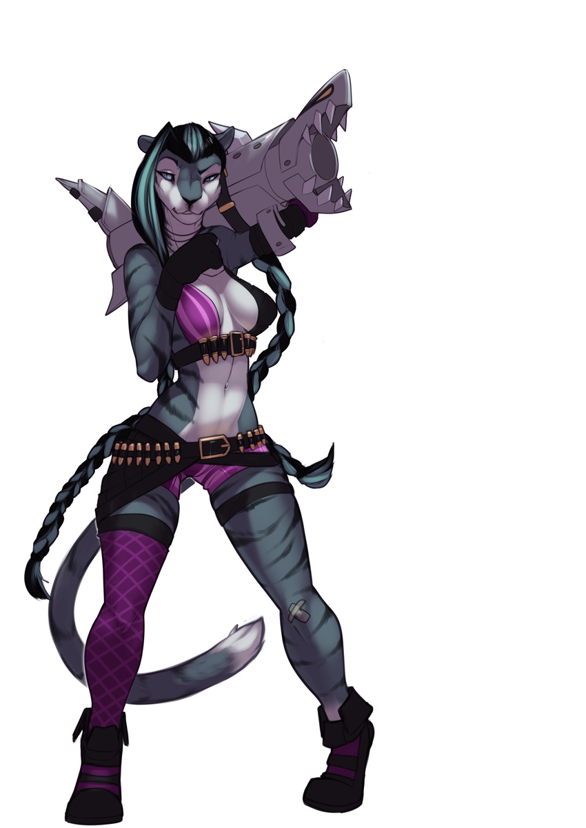 2015 anthro belt breasts bullet clothed clothing cosplay feline female fish fishbones grimmjow gun hair jinx league_of_legends long_hair looking_at_viewer lost-paw mammal marine naomi plain_background ranged_weapon rocket_launcher shark solo standing stripes tiger video_games weapon white_background