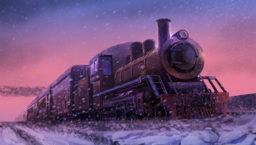 alternate_hair_length alternate_hairstyle bad_id bad_pixiv_id blouse blue_sky boots commentary green_skirt ground_vehicle highres holding komeiji_koishi locomotive long_sleeves night night_sky no_hat no_headwear pink_sky pupil_g scenery short_hair sitting skirt sky smile snow snowing snowstorm solo steam_locomotive sunset third_eye touhou train vanishing_point