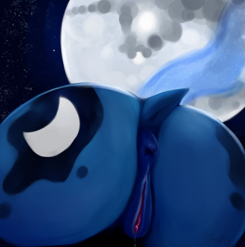 2015 absurd_res anus aponty butt cutie_mark digital_painting_(artwork) dock equine female feral friendship_is_magic full_moon hi_res horse mammal moon my_little_pony outside pony princess_luna_(mlp) pussy pussy_juice solo