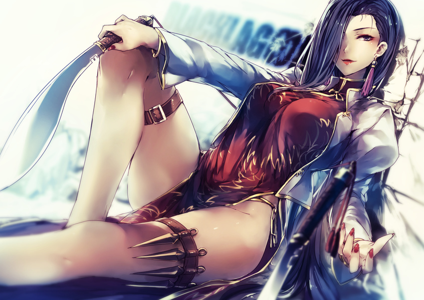 black_lagoon blue_hair china_dress chinese_clothes dress earrings eyeshadow hair_over_one_eye highres jewelry knife kukri kyouya_(mukuro238) lipstick long_hair looking_at_viewer makeup nail_polish panties purple_eyes red_lipstick red_nails shenhua side-tie_panties smile solo thigh_strap underwear