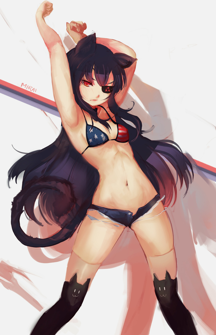 american_flag_bikini animal_band_legwear animal_ears armpits arms_up bikini bikini_top black_hair blue_shorts blush breasts cat_band_legwear cat_ears cat_tail character_name denim denim_shorts eyepatch flag_print highres kemonomimi_mode long_hair mirai_(senran_kagura) paw_pose red_eyes saimon_ma senran_kagura short_shorts shorts silhouette small_breasts solo swimsuit tail thighhighs torn_clothes very_long_hair