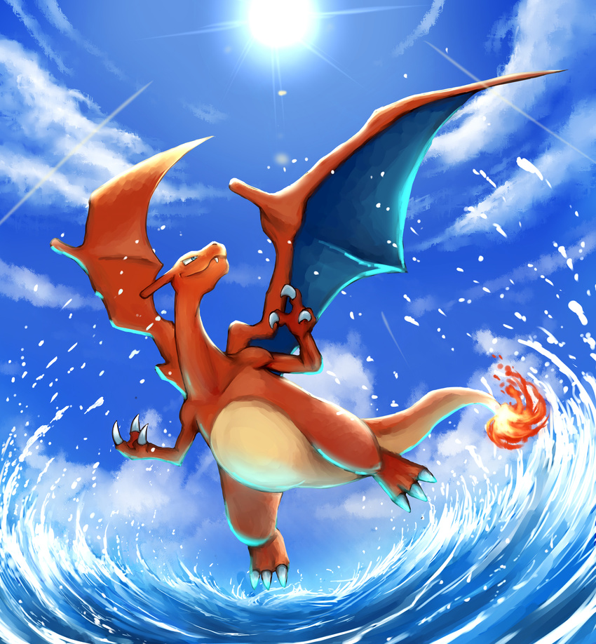 2014 ambiguous_gender blue_eyes charizard claws cloud day daytime dragon feral fire flying hi_res nintendo outside pok&eacute;mon scalie sea sky smile solo sun teeth video_games water wings テッシー