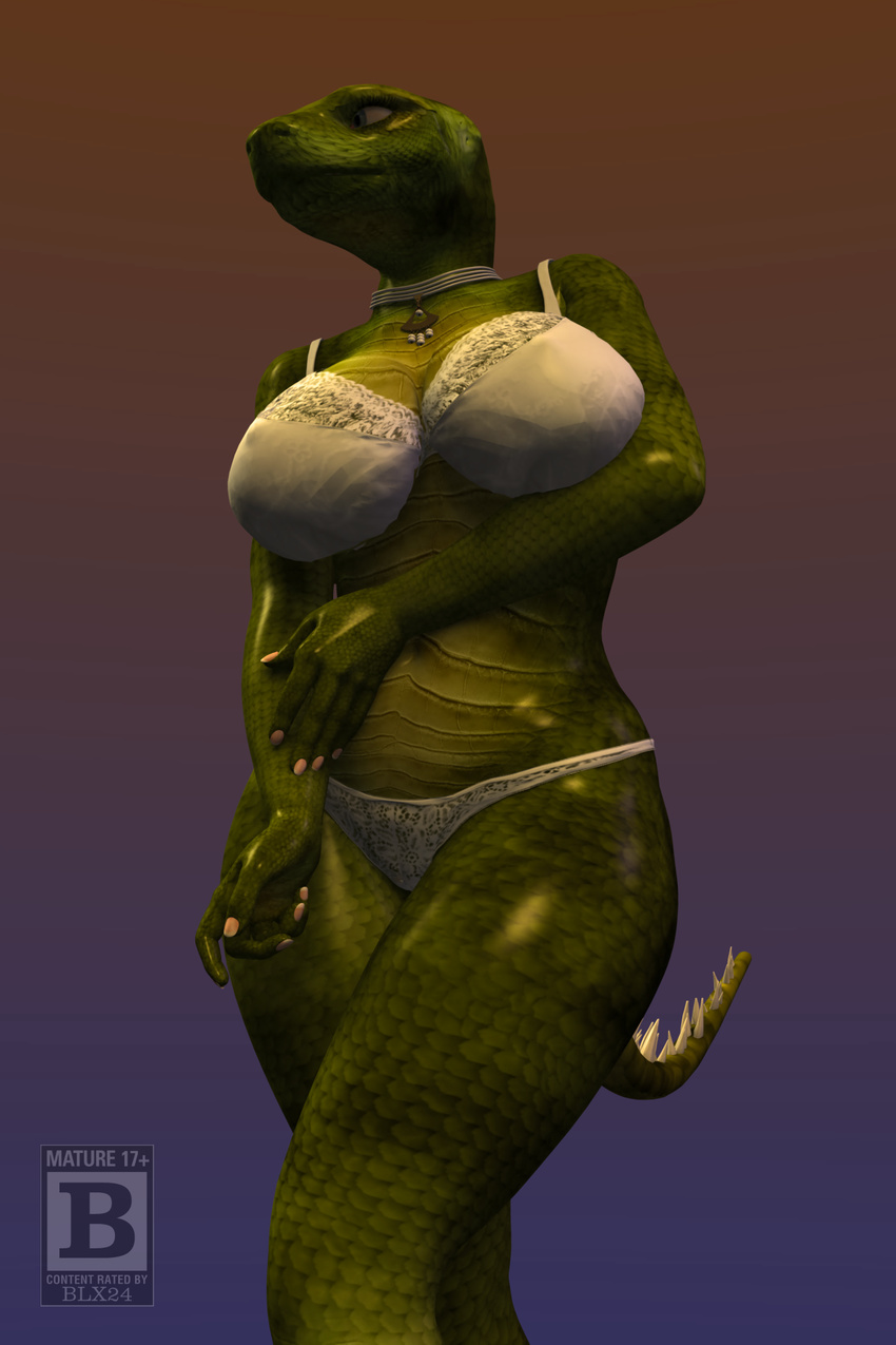 2015 3d anthro big_breasts blx24 bra breasts clothing female green_eyes green_skin hi_res lizard nails navel necklace panties reptile scalie solo spikes standing underwear