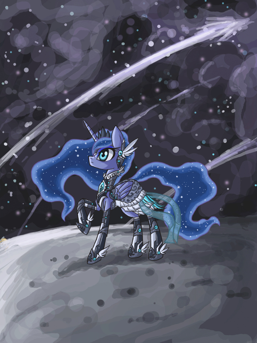 2013 animated armor blonde_hair blue_eyes blue_feathers blue_fur blue_hair blue_skin clothed clothing cloud crown derpy_hooves_(mlp) dress duo equine female feral friendship_is_magic fur grey_feathers grey_fur hair hi_res horn horse long_hair mammal moon my_little_pony nude pegasus pony princess_luna_(mlp) raised_leg raptor007 smile space star winged_unicorn wings yellow_eyes yellow_fur