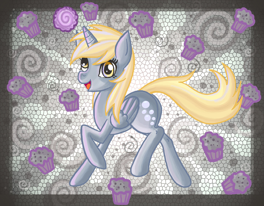 2012 blonde_hair butt cutie_mark derp_eyes derpy_hooves_(mlp) equine female feral food friendship_is_magic fur grey_feathers grey_fur hair hi_res horn horse magic mammal muffin my_little_pony nude open_mouth pony raised_leg raptor007 smile solo winged_unicorn wings yellow_eyes yellow_fur