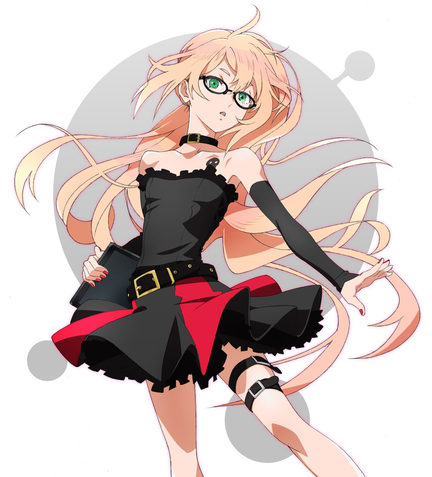 bad_id bad_pixiv_id bare_shoulders blonde_hair crossdressing gatchaman_crowds glasses green_eyes highres long_hair male_focus ninomiya_rui otoko_no_ko side_ponytail skirt solo thigh_strap umishima_senbon very_long_hair