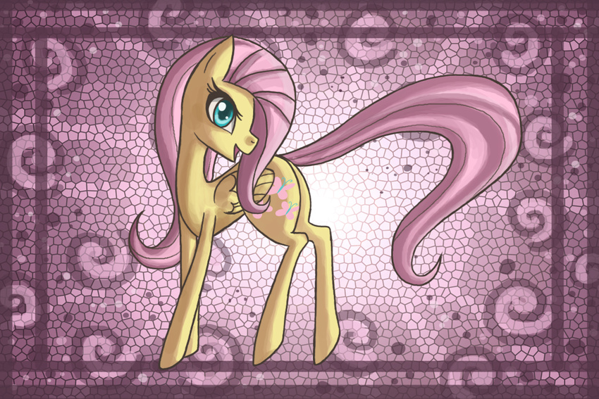 2013 blue_eyes butt cutie_mark equine female feral fluttershy_(mlp) friendship_is_magic fur hair hi_res horse looking_at_viewer mammal my_little_pony open_mouth pegasus pink_fur pink_hair pony raptor007 smile solo wings yellow_feathers yellow_fur