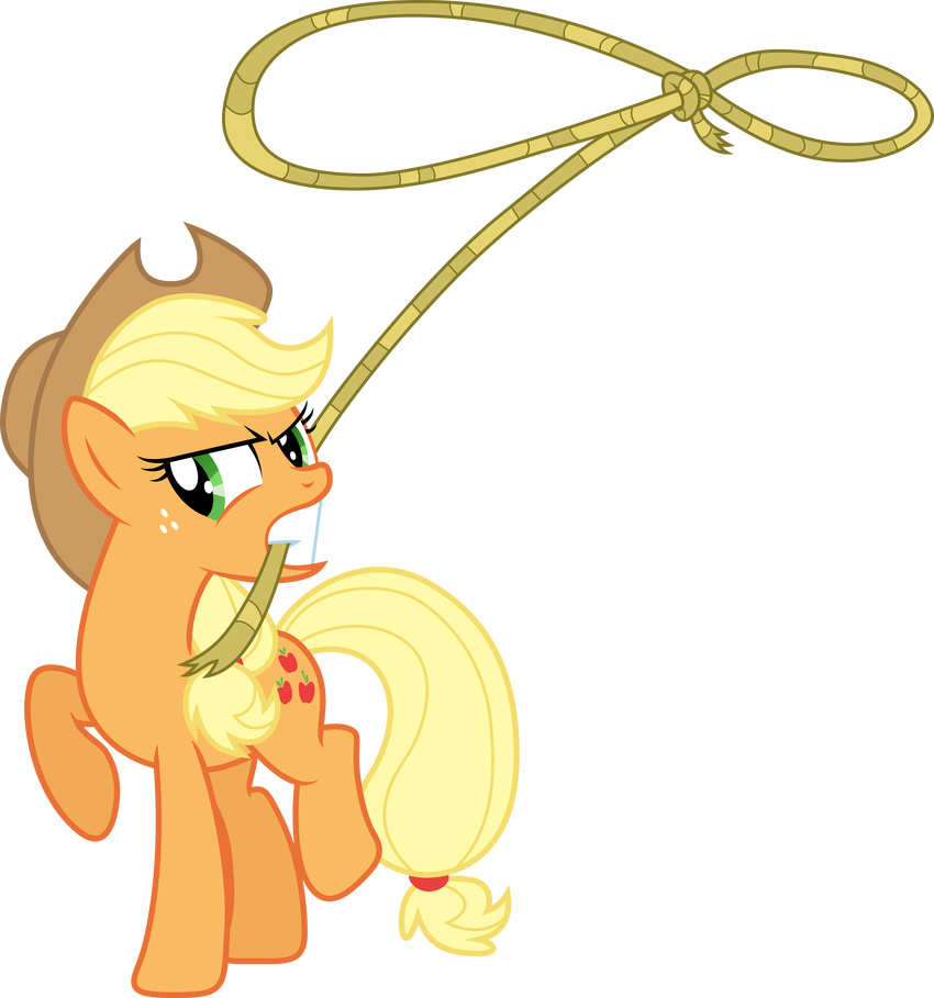 2015 absurd_res alpha_channel applejack_(mlp) blonde_hair cutie_mark digital_media_(artwork) djdavid98 equine female feral freckles friendship_is_magic green_eyes hair hat hi_res lasso mammal my_little_pony plain_background solo transparent_background vector