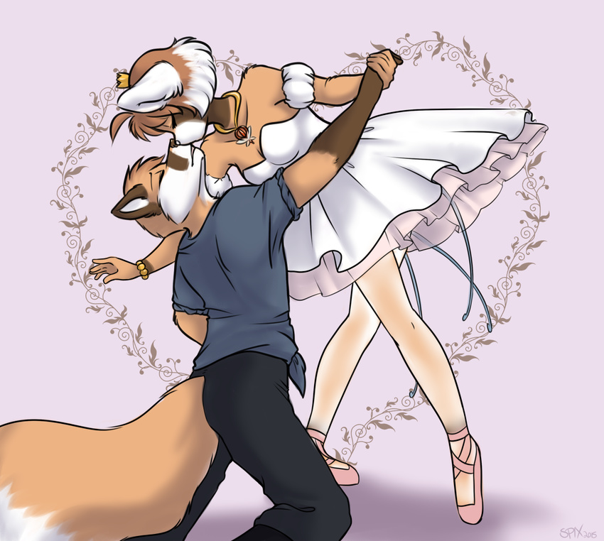 &lt;3 2015 anthro ballet_heels bracelet canine clothed clothing crown dancing dress duo eyes_closed female fox fur hair jewelry kissing leggings legwear love male mammal married necklace orange_fur orange_hair princess_tutu red_panda rolled_up_sleeves romantic simple_background spix stockings toby white_highlights