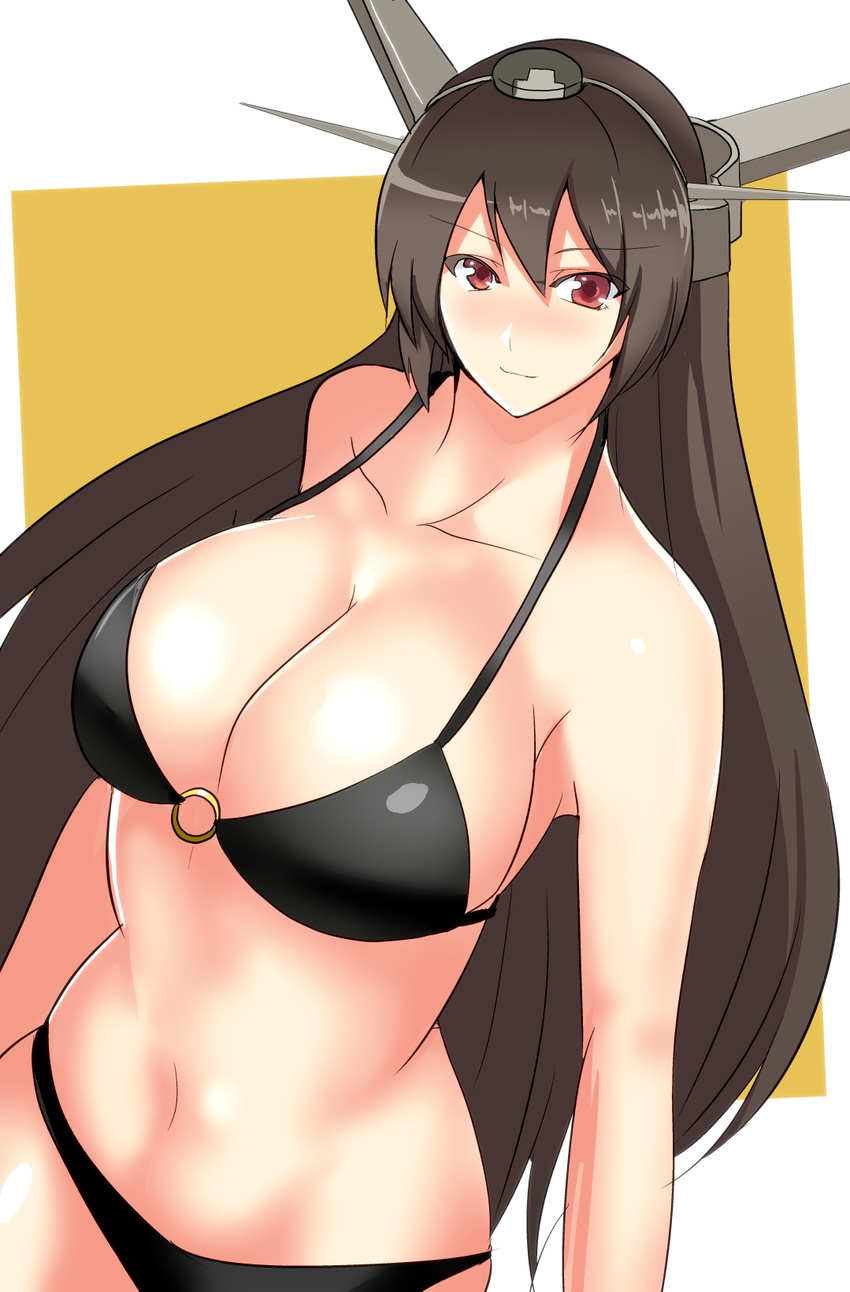 bikini black_bikini black_hair breasts headgear highres kantai_collection koujun_(mugenzero) large_breasts long_hair looking_at_viewer md5_mismatch nagato_(kantai_collection) red_eyes smile solo swimsuit