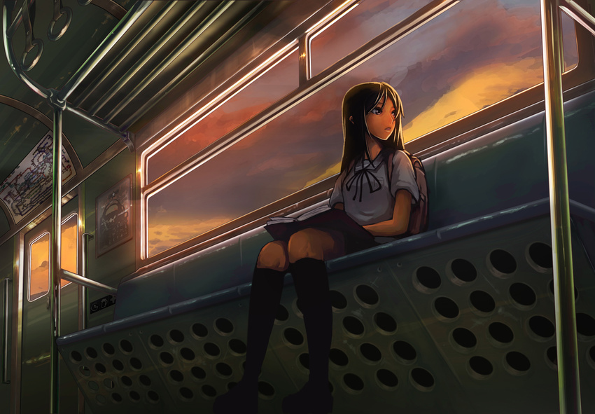 backpack bag banajune black_legwear book book_on_lap commentary kneehighs looking_out_window neck_ribbon open_book open_mouth original ribbon school_uniform shoes short_sleeves sitting socks solo sunset train_interior