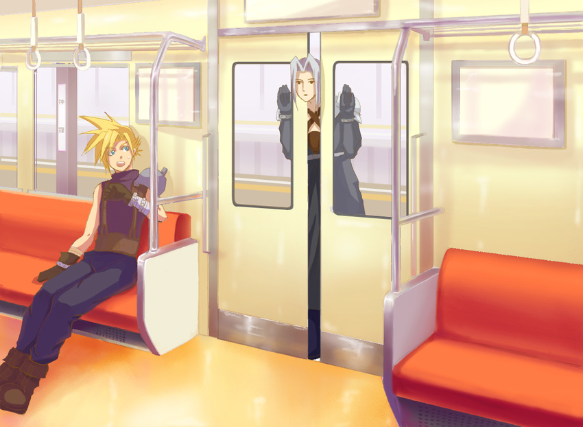 cloud_strife commentary final_fantasy final_fantasy_vii ground_vehicle mafu_(pixiv4163441) male_focus multiple_boys oekaki sephiroth stuck train_interior train_station