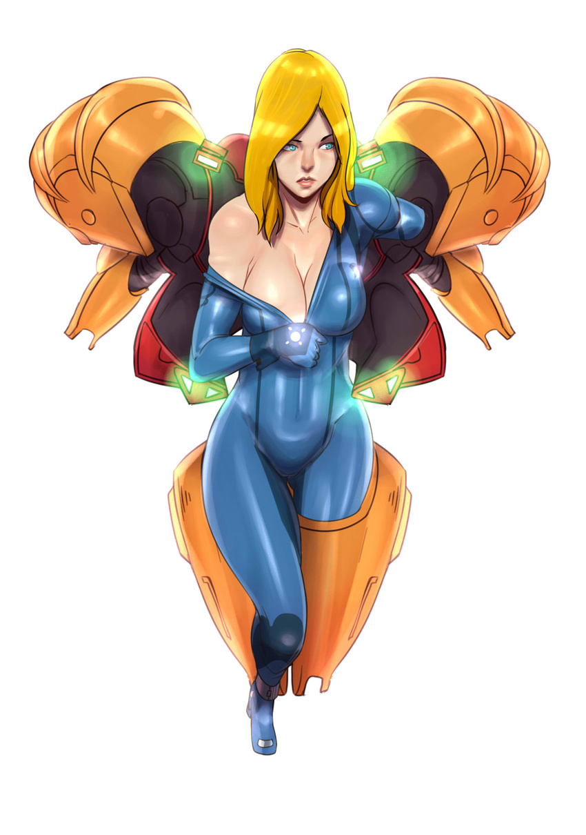 1girl alternate_hairstyle armor bangs bare_shoulders blonde_hair blue_eyes bodysuit breasts cleavage female from_above full_body gloves hair_down highres john_doe large_breasts lips long_hair looking_to_the_side metroid off_shoulder parted_lips power_armor samus_aran simple_background solo swept_bangs thigh_gap undressing unzipping varia_suit white_background zero_suit