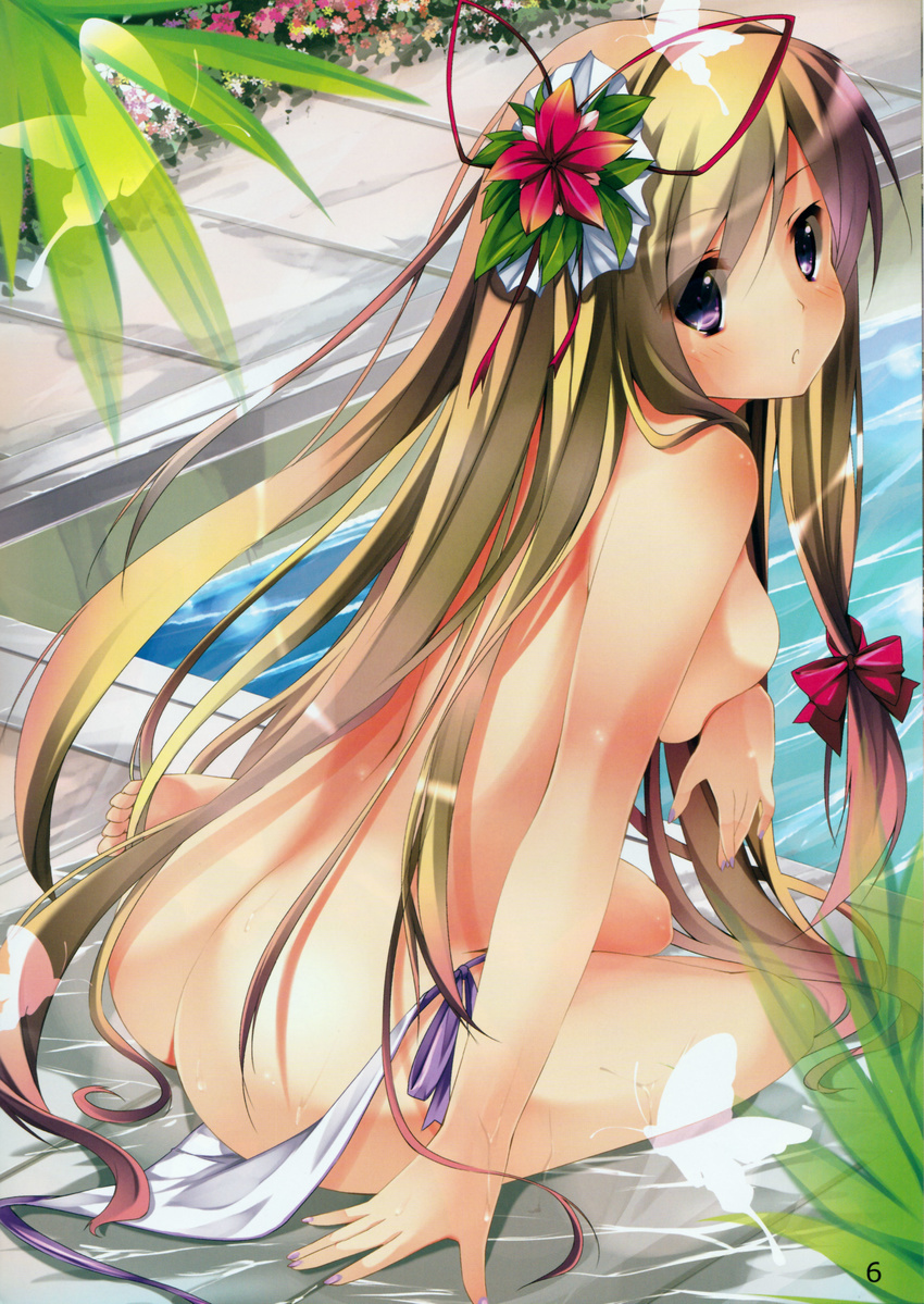 :o absurdres alternate_costume alternate_headwear arm_support ass back bangs bikini bikini_pull blonde_hair blush bow breasts bug butterfly covering covering_breasts fingernails flower from_behind from_side full_body gradient_hair hair_bow hair_flower hair_ornament hair_ribbon highres insect large_breasts leaf leaning_forward long_fingernails long_hair looking_at_viewer looking_back multicolored_hair nail_polish nironiro no_hat no_headwear open_mouth page_number pool poolside purple_eyes ribbon scan side-tie_bikini sideboob sitting solo string_bikini swimsuit topless touhou transparent untied very_long_hair water wet white_bikini yakumo_yukari