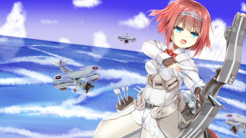 1girl aircraft aircraft_request airplane ark_royal_(kantai_collection) arrow bangs blue_eyes blue_sky blunt_bangs bob_cut bow_(weapon) cleavage_cutout cloud commentary_request compound_bow corset cowboy_shot fingerless_gloves gloves hairband highres horizon kantai_collection long_sleeves mizunashi_rei ocean outdoors overskirt pantyhose quiver red_hair red_ribbon ribbon short_hair shorts sky solo tiara weapon white_legwear white_shorts