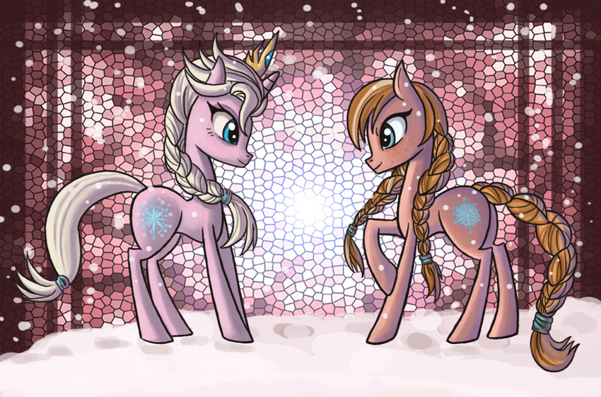 2013 blue_eyes brown_fur brown_hair brown_skin butt crossover crown cutie_mark disney duo earth_pony equine female feral frozen_(movie) fur hair horn horse mammal my_little_pony nude pink_skin ponification pony ponytail princess_anna_(frozen) queen_elsa_(frozen) raptor007 snow unicorn white_fur white_hair