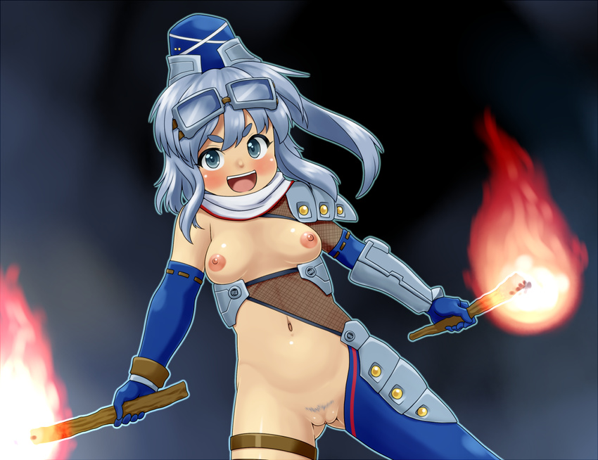 armor blush breastless_clothes breasts daajirin.koucha dual_wielding fire goggles goggles_on_head hat holding looking_at_viewer mononobe_no_futo navel nipples open_mouth ponytail pubic_hair pussy reverse_bikini_armor short_hair silver_hair small_breasts smile solo sticks tate_eboshi touhou