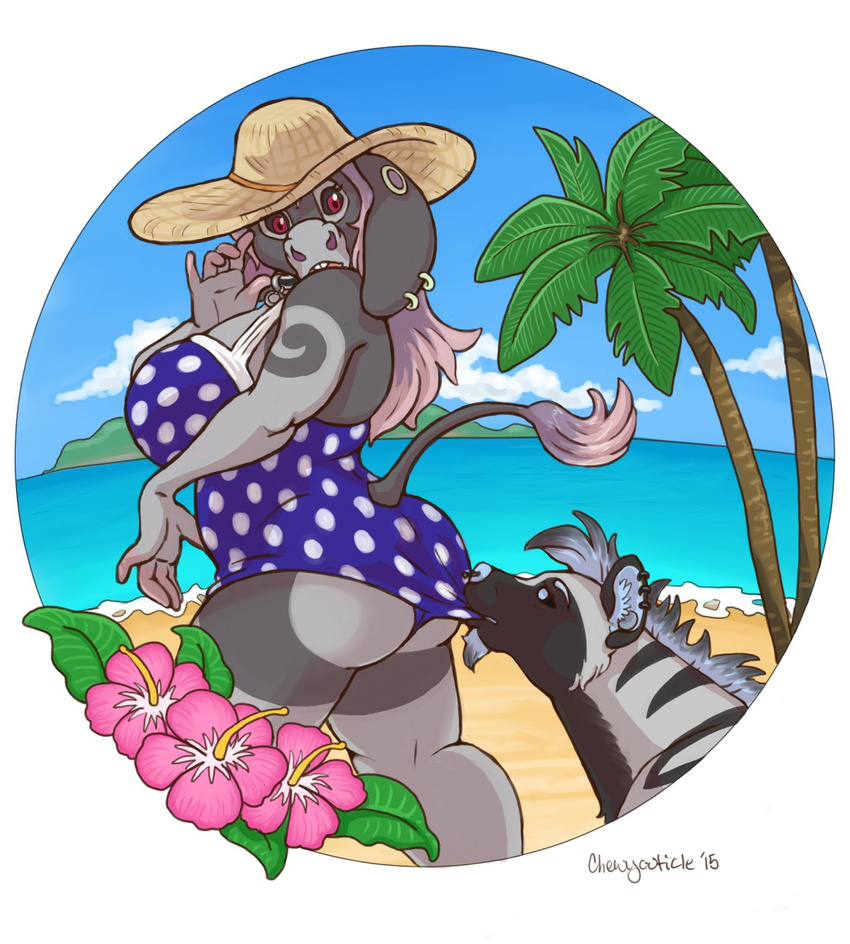 beach black_sclera butt chewycuticle chubby clothing donkey ear_piercing equine female gauged_ear hat hyena knoah looking_back mammal outside piercing seaside solo_focus standing swimsuit voluptuous