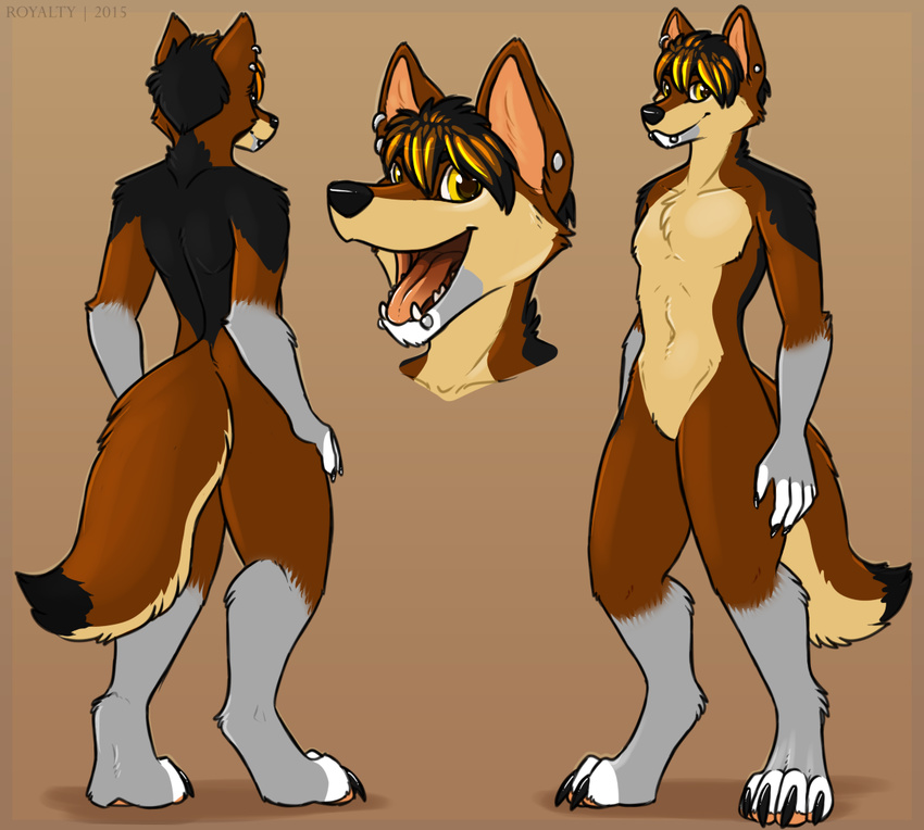 2015 anthro back black_fur black_hair blonde_hair brown_fur canine claws coyote ear_piercing front fur grey_fur hair looking_at_viewer male mammal model_sheet nude open_mouth pawpads paws piercing plain_background royalty_(artist) smile solo teeth tongue white_fur