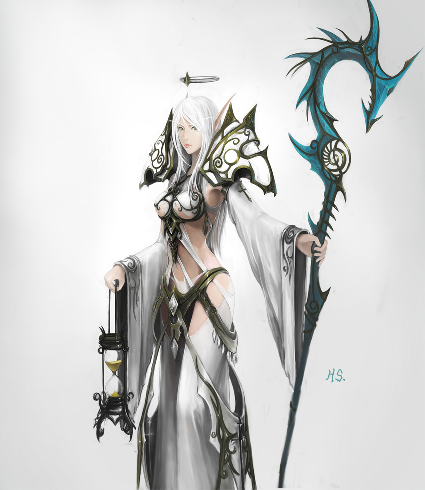 elf green_eyes highres pointy_ears simple_background solo staff warcraft white_background white_hair world_of_warcraft