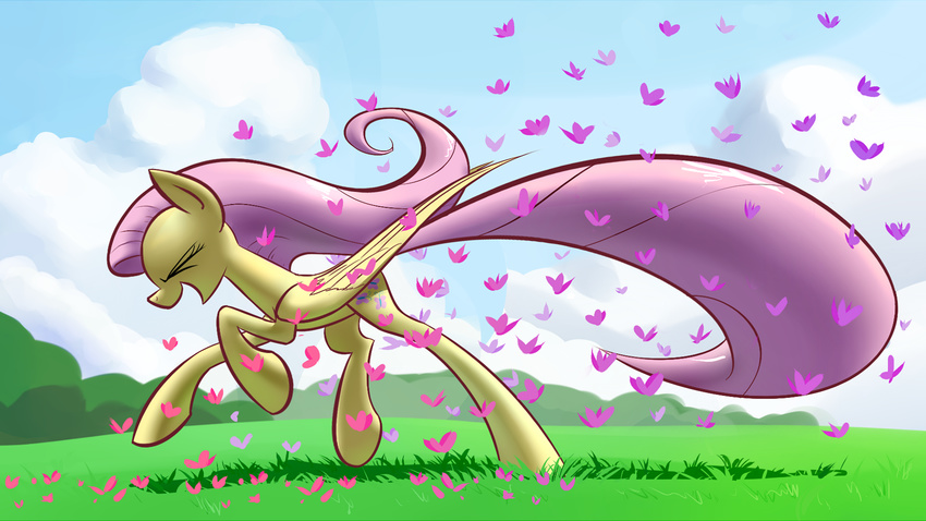 2013 arthropod butterfly cutie_mark equine eyes_closed female fluttershy_(mlp) friendship_is_magic grass hair insect long_hair long_tail mammal my_little_pony outside pegasus pink_hair running solo underpable widescreen wings