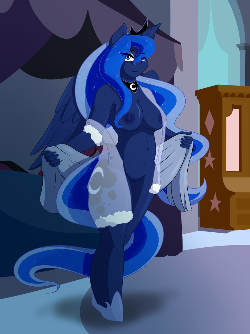 absurd_res anthro bedroom blue_eyes blue_fur blue_hair breasts cainesart clothing cutie_mark equine feathers female friendship_is_magic fur hair hair_over_eye hi_res hooves horn inside lingerie long_hair looking_at_viewer mammal my_little_pony navel nipples princess_luna_(mlp) pussy smile solo standing winged_unicorn wings