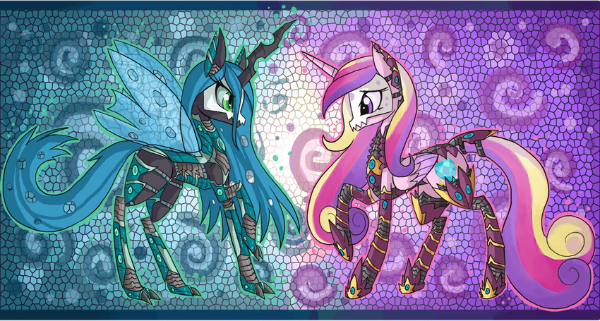 2015 armor black_skin blonde_hair blue_fur blue_hair changeling claws clothed clothing cutie_mark digital_media_(artwork) duo equine female feral friendship_is_magic fur green_eyes hair hi_res holes horn horse legwear long_hair mammal mask multicolored_fur multicolored_hair my_little_pony pink_feathers pink_fur pink_hair pony princess_cadance_(mlp) purple_eyes purple_fur purple_hair queen_chrysalis_(mlp) raised_leg raptor007 skull slit_pupils smile winged_unicorn wings yellow_fur