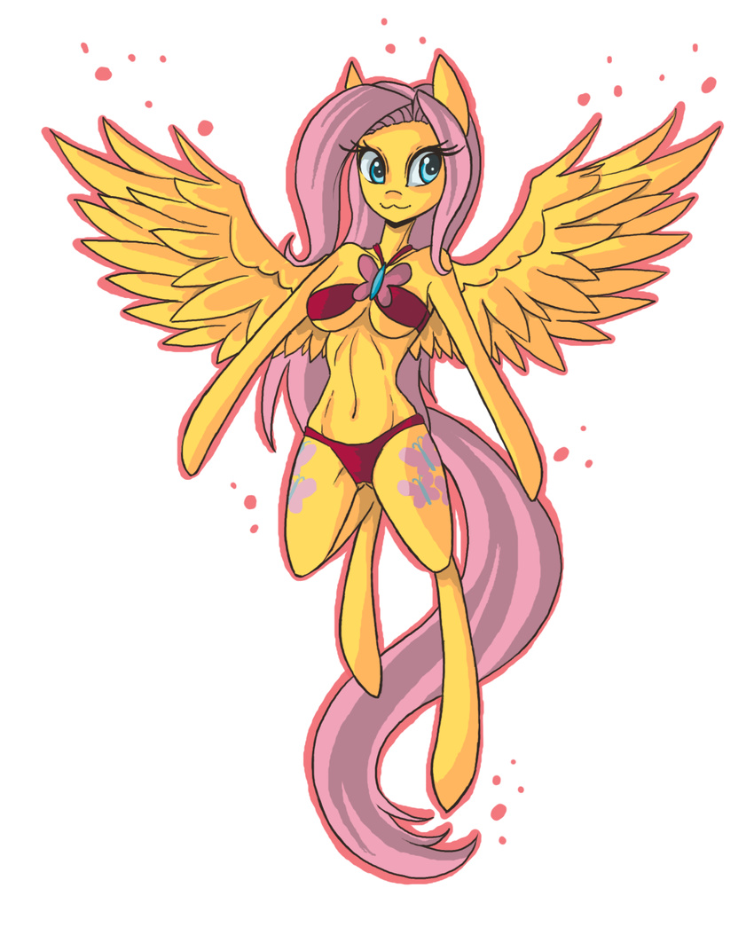 2015 anthro anthrofied bikini blue_eyes bra breasts clothed clothing cutie_mark digital_media_(artwork) equine female fluttershy_(mlp) friendship_is_magic fur hair horse long_hair mammal my_little_pony navel pegasus pink_fur pink_hair plain_background pony raptor007 skimpy smile solo swimsuit underwear wings yellow_feathers yellow_fur